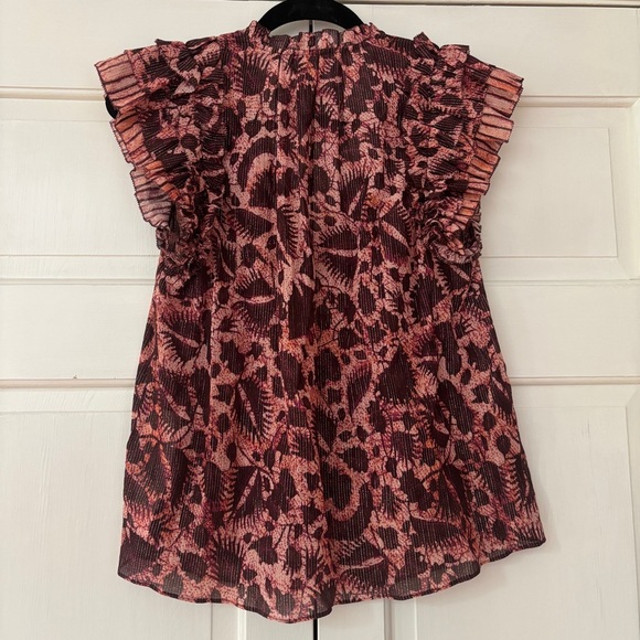 Ulla Johnson Dira Top Bordeaux Metallic Ruffle Size 6 Flutter Sleeve Tassel Tie - Picture 14 of 17